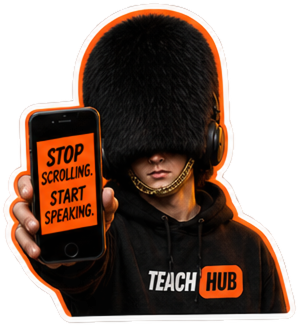 TeachHub Guard mascot — holding a smartphone.
