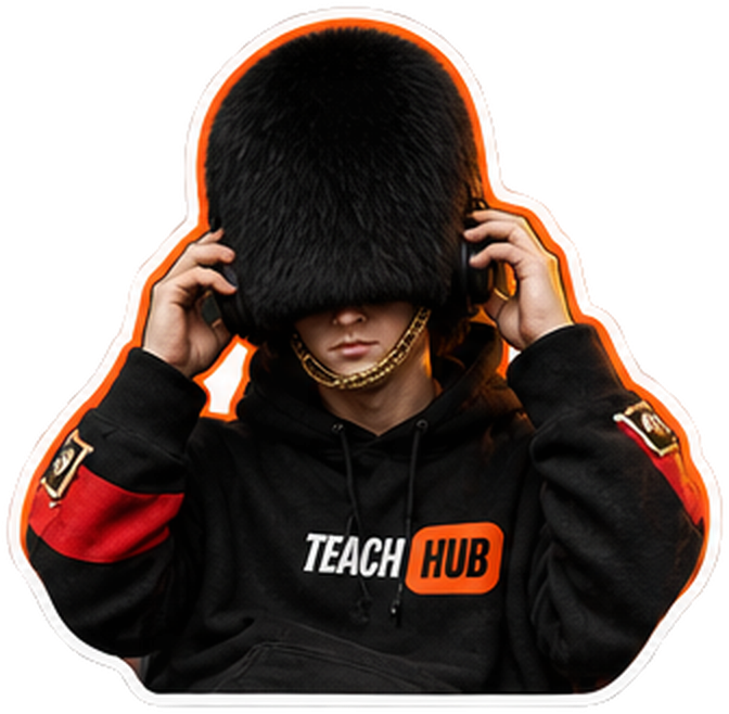 TeachHub Guard mascot — adjusting his headphones.