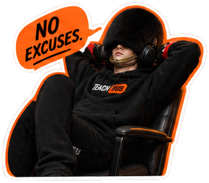 TeachHub Guard mascot — leaning back in a chair.