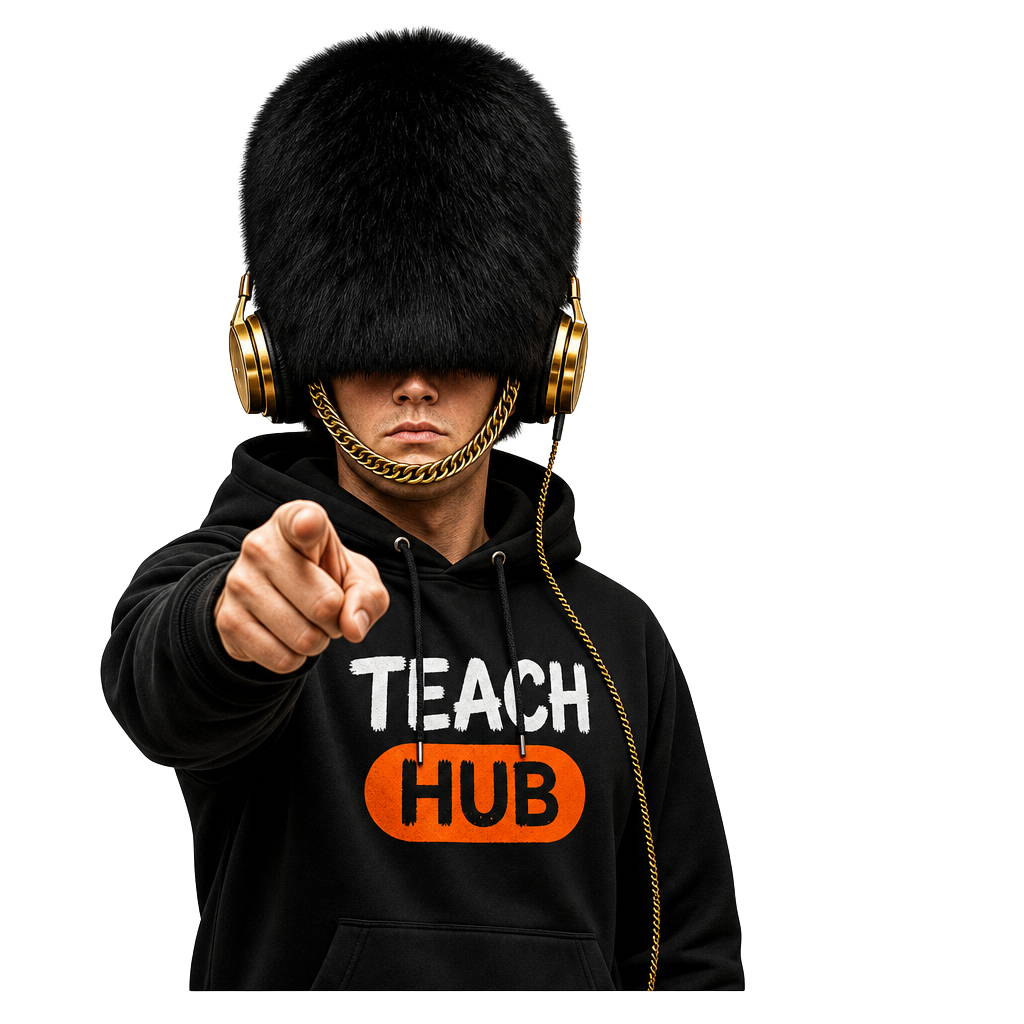 TeachHub Guard mascot — pointing forward with a 'Don't just stare' sticker.