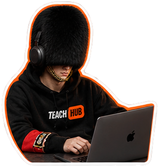 TeachHub Guard mascot — working on a laptop.