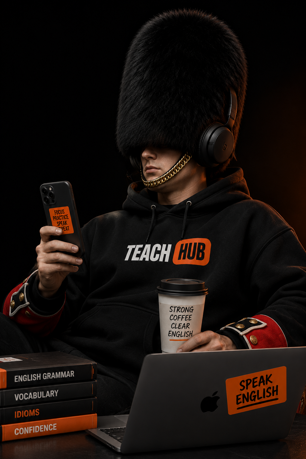 TeachHub British Guard mascot wearing headphones with study materials.